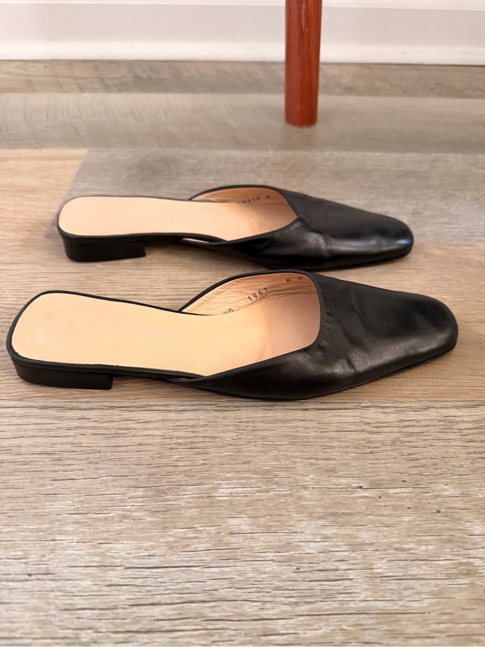 Ralph Lauren black leather square toe mules